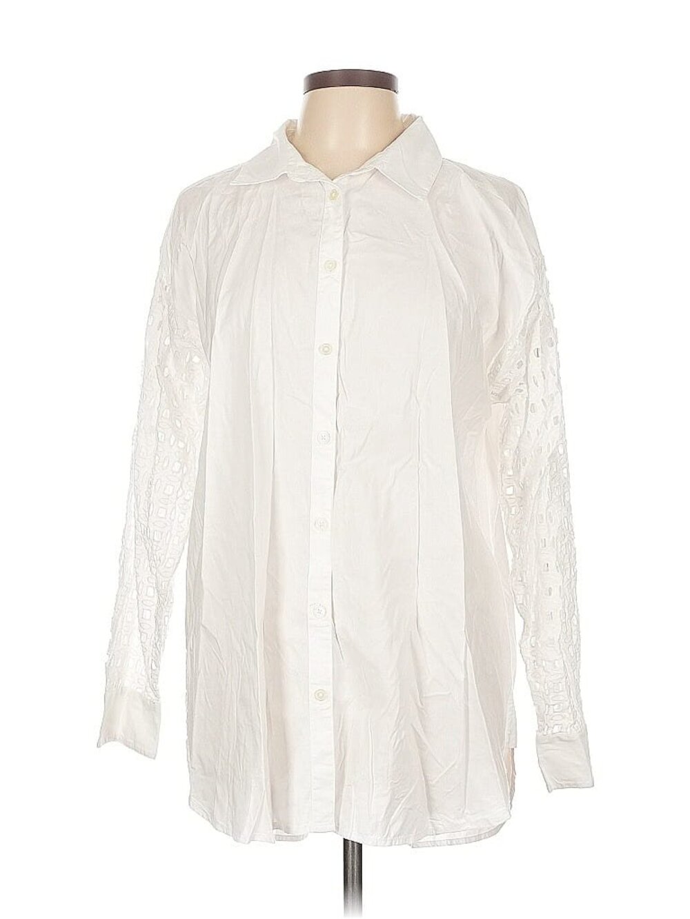 LOFT White Button Down Eyelet Long Sleeve Cotton-Modal Blend Blouse Size L